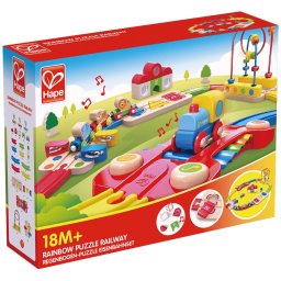Set tren din lemn muzical Hape Curcubeu cu puzzle si sortator forme