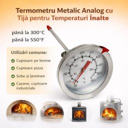 Termometru Metalic Analog cu Tija pentru Temperaturi Inalte pan? la 300 grade Celsius cu Tija 120 mm Cuptoare si HoReCa