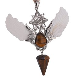 Pandantiv angelic cu Merkaba, Pendul din Ochi de tigru si Aripi Sidef, 10cm