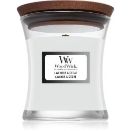 Woodwick Lavender & Cedar lumânare parfumată cu fitil din lemn 85 g