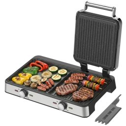 Gratar electric STARCREST SGR-4423, 2100 W, Termostat reglabil, Placi cu invelis ceramic tip grill neted, Suprafata de gatire 44 x 23.5 cm, Spatula curatare, Negru Inox