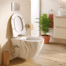 Set vas WC cu functie bideu DuoComfort, suspendat, Rimless, Candore TempoLine Marble White, capac Duroplast cadere lenta, baterie amestec,