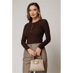 Bluza maro din bumbac croi mulat cu maneca lunga