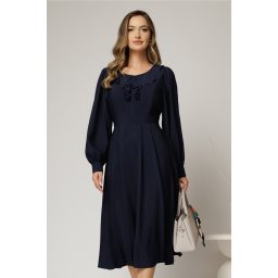Rochie midi bleumarin din voal plin cu volanase la bust