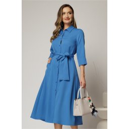 Rochie de zi midi albastra tip camasa cu cordon in talie