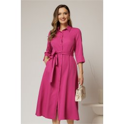 Rochie de zi midi fucsia tip camasa cu cordon in talie