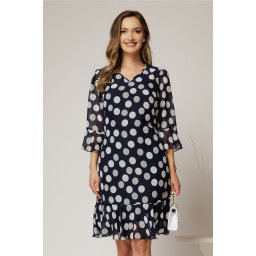 Rochie midi bleumarin cu buline, croi lejer si volanase la fusta