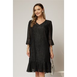 Rochie midi neagra cu fir lurex, croi lejer si volanase la fusta