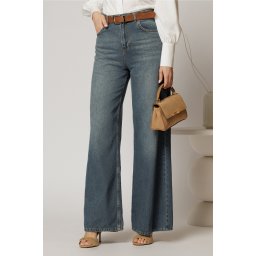 Blugi dama albastru denim cu croi larg si curea in talie