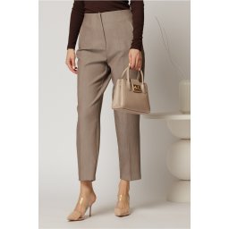 Pantaloni dama maro taupe cu croi conic si pense pe talie