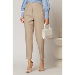 Pantaloni dama bej cu croi conic si pense pe talie