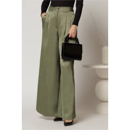Pantaloni dama kaki din satin cu croi larg