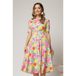Rochie DY Fashion midi cu imprimeu roz si galben in clos din triplu voal cu nasturi la bust si curea in talie