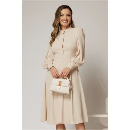 Rochie DY Fashion bej din triplu voal cu guler tunica si nasturi tip floare