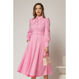 Rochie DY Fashion roz din poplin cu guler dublu si curea in talie