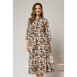 Rochie de zi midi bej cu imprimeuri caramizii tip camasa cu cordon in talie