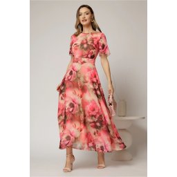 Rochie DY Fashion lunga cu imprimeu rosu zmeura din voal creponat cu rijelina