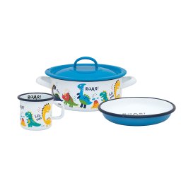 Set 3 piese 1.5l Dino Metalac email/Cana 8cm/Caserola capac14cm/Farfurie 18cm