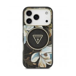 Husa MagSafe pentru Apple iPhone 17 Pro, Guess, IML Metal Glitter Flowers Triangle, Neagra