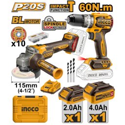 Set scule INGCO CKLI20273E P20S 20 V, flex 115 mm si bormasina 66 Nm brushless, 2 acumulatori, incarcator, 47 accesorii, discuri si cutie P20S