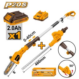 Fierastrau de Pomi Telescopic 20V 2.4m 2 in 1 INGCO CPTS201681 cu Lant si Foarfeca Gard Viu, Acumulator si Incarcator Inclus
