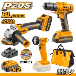 Bormasina 20V +Polizor Unghiular BL + Lanterna cu 2 Acumulatori 4Ah INGCO CKLI2048