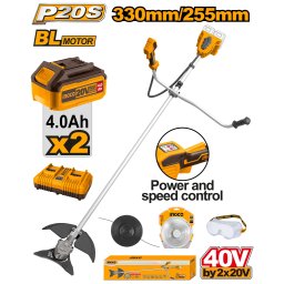 Motocoasa 40V 2 Acumulatori 4Ah INGCO CSTLI202522 Brushless, Trimmer si Lama 255mm pentru Iarba si Vegetatie