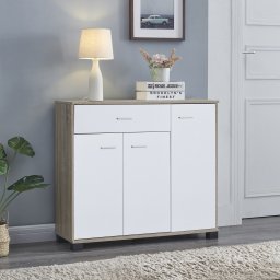 Comoda tip sideboard Bobeck cu 3 usi si sertar, stejar si alb, 80 cm