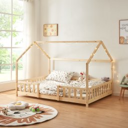 Pat casuta pentru copii 140x200 cm din lemn de pin, natur