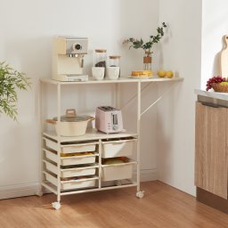 Carucior de depozitare alb cu 6 sertare si blat extensibil, 100x37x85 cm