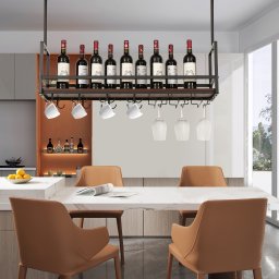 Raft suspendat pentru vinuri cu suport pahare, negru/nuc 100 cm