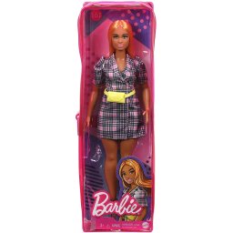 Papusa Barbie Fashionistas cu rochie tip blazer roz in carouri