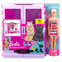 Dulap Barbie portabil cu papusa, haine si accesorii de moda