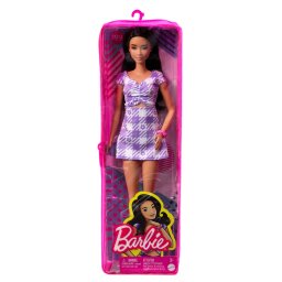 Papusa Barbie Fashionista bruneta cu rochie mov si sandale roz