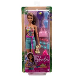 Papusa Barbie sportiva cu accesorii, catel si echipament de joaca