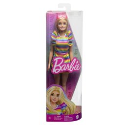 Papusa Barbie Fashionistas blonda cu aparat dentar si rochie curcubeu