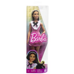 Papusa Barbie Fashionistas bruneta cu bentita si rochie roz în carouri