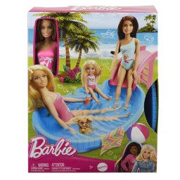 Set Barbie cu papusa blonda, piscina si tobogan pentru joaca de vara