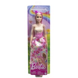 Papusa Barbie cu par blond si roz, rochie multicolora, 3+ ani