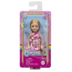 Papusa Barbie Chelsea blonda cu rochita roz în carouri, Mattel