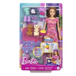 Papusa Barbie Family set de petrecere cu 2 catelusi Color Change