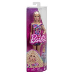 Papusa Barbie Fashionistas cu par blond ondulat si rochie colorata