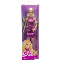 Papusa Barbie Fashionistas blonda cu rochie roz metalica Mattel