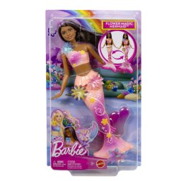 Papusa Barbie Sirena Flower Magic cu par brunet si coada roz