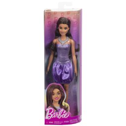 Papusa Barbie Fashionistas bruneta cu rochie mov cu paiete
