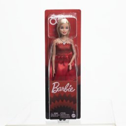 Papusa Barbie de colectie aniversara 80 de ani, blonda, rochie rosie rubin