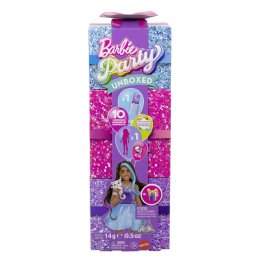 Papusa Barbie Party Unboxed mov cu 10 accesorii surpriza