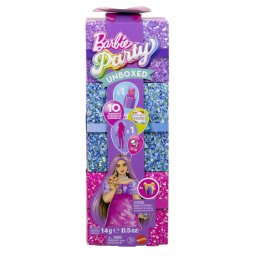 Papusa Barbie Party Unboxed mov cu 10 accesorii surpriza