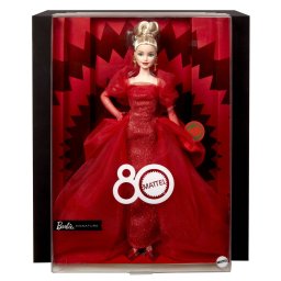 Papusa Barbie Signature Aniversare 80 de ani, blonda, cu rochie de bal rosie