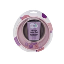 Set de masa bebe din silicon Melii, 3 piese, mov roz gri